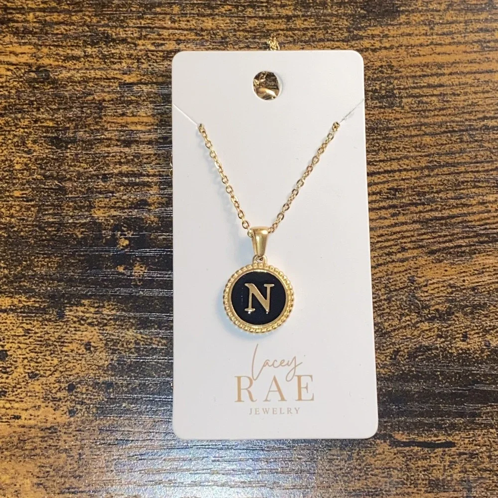 NEW Trendy Initial Letter Graphic Pendant Round Black Charm Gold Necklace